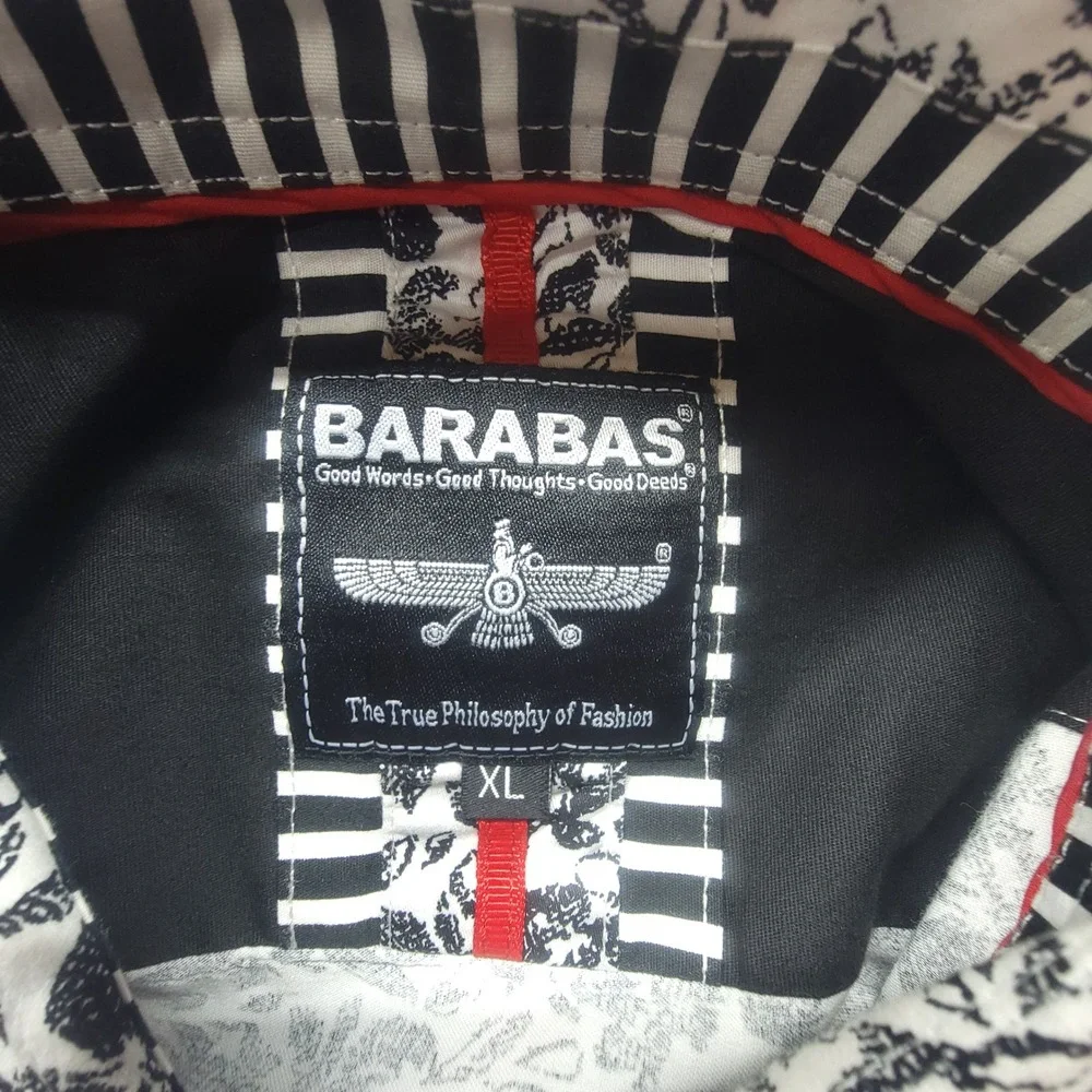 Barabas Mens XL White Black Floral Print Long Sleeve Button Down Cotton Shirt